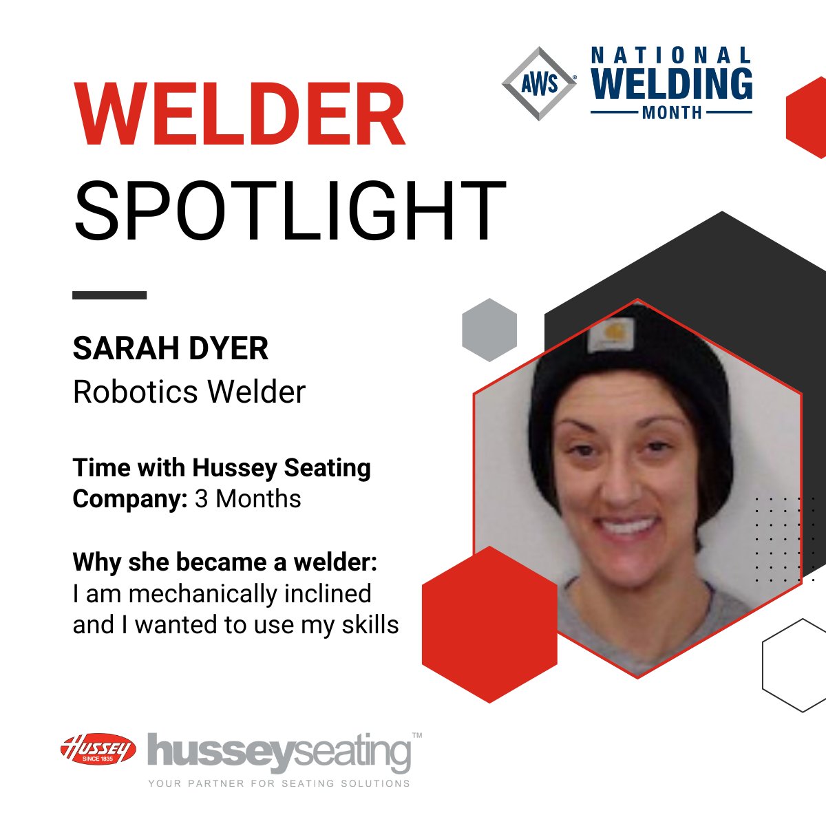 As we gear up towards the end of April and as part of #NationalWeldingMonth we wanted to take time to shout out one more of our welders – Sarah Dyer! Sarah joined Hussey Seating Company just three months ago. Welcome to the team Sarah and thank you!  #NWM2024
