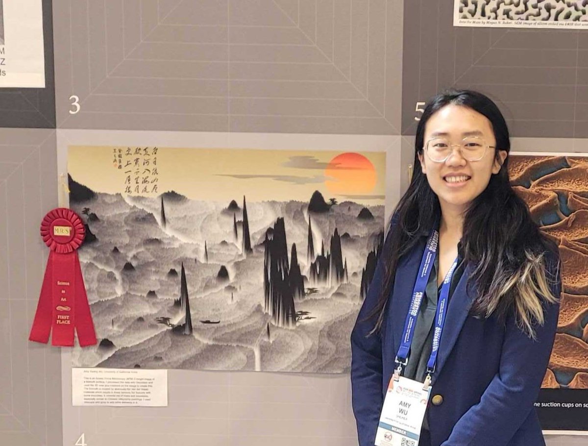 @UCIPhysAstro grad student Amy Wu won 1st place in the #S24MRS Science as Art competition!  Her original art piece is based on an atomic force microscopy map of a thin bismuth crystal she grew and characterized. Research funded by @AFOSR