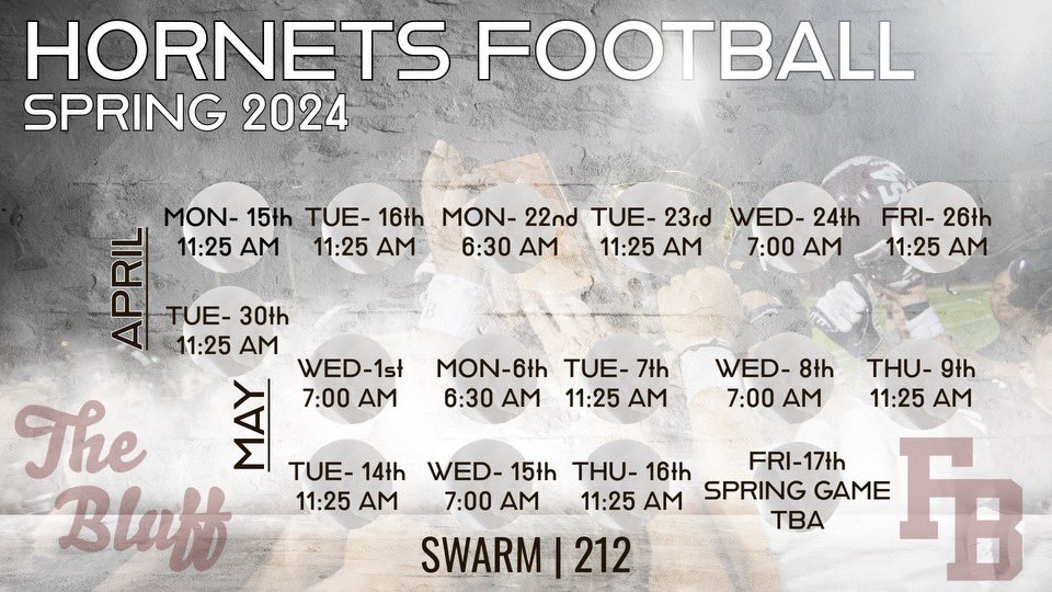 Updated Spring Schedule! We had some weather keep us off the field today, so we made a small change. College coaches, we’d love to have you out here to see our Hornets! We have athletes for all levels from FBS-D3 who would love to be part of your program! #RecruitTheBluff
