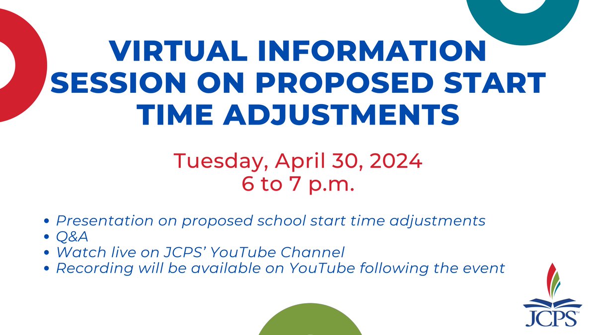 🗓️ JOIN US TUESDAY | JCPS will host a virtual community information session Tuesday, April 30, from 6 to 7 p.m. on proposed school start time adjustments for the 2024-25 school year, including time for questions and answers.

JCPS YouTube: youtube.com/@jcpsky

#WeAreJCPS