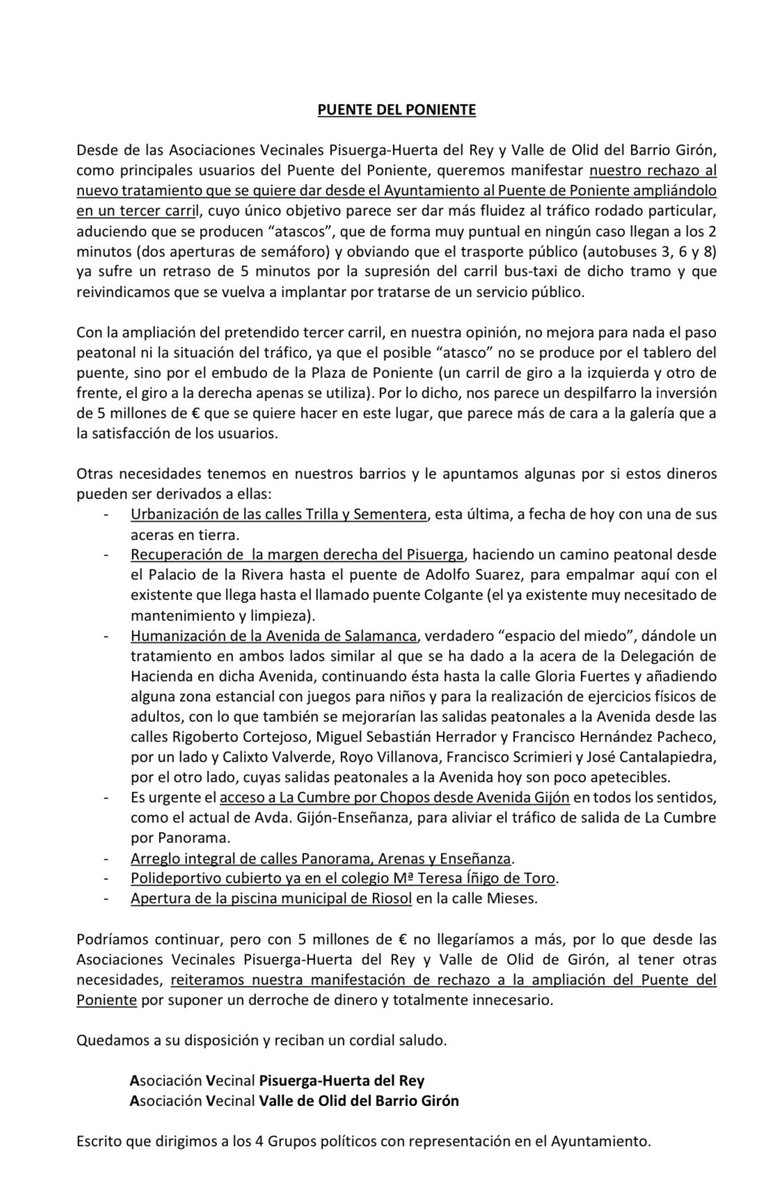 🛑📢 Comunicado de las asociaciones vecinales 'Valle de Olid' (Girón) y 'Pisuerga' (Huerta del Rey) sobre el proyecto del @AyuntamientoVLL para la reforma del #PuentedelPoniente #DespilfarroNO #CarrilBúsSÍ