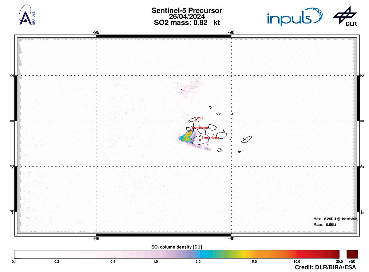 On 2024-04-26 #TROPOMI has detected an enhanced SO2 signal of 6.29DU at a distance of 9.0km to #Fernandina. Other nearby sources:  #Sierra Negra #Wolf. #DLR_inpuls @tropomi #S5p #Sentinel5p @DLR_en @BIRA_IASB @ESA_EO #SO2LH