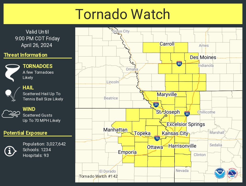 A tornado watch has been issued for parts of Iowa, Kansas and Missouri until 9 PM CDT