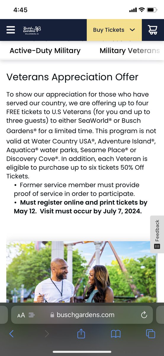 Hey Veterans! You can get free tickets to Busch Gardens! See below! You’ll need to register with GovX to verify service.