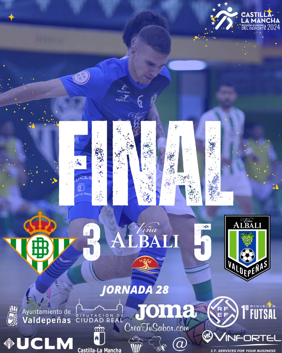 |FSVLive|

FINAL EN EL CENTRO DEPORTIVO AMATE

@RealBetisFS 3-5 @VinaAlbaliFS

⚽ @lolourbano_
⚽ @eloyrojas8
⚽ @solano20futsal
⚽ @rafaelratofutsa
⚽ @fernandiitoo14

#ViñaAlbaliValdepeñas #BetisViñaAlbali #PrimeraDivisiónFS