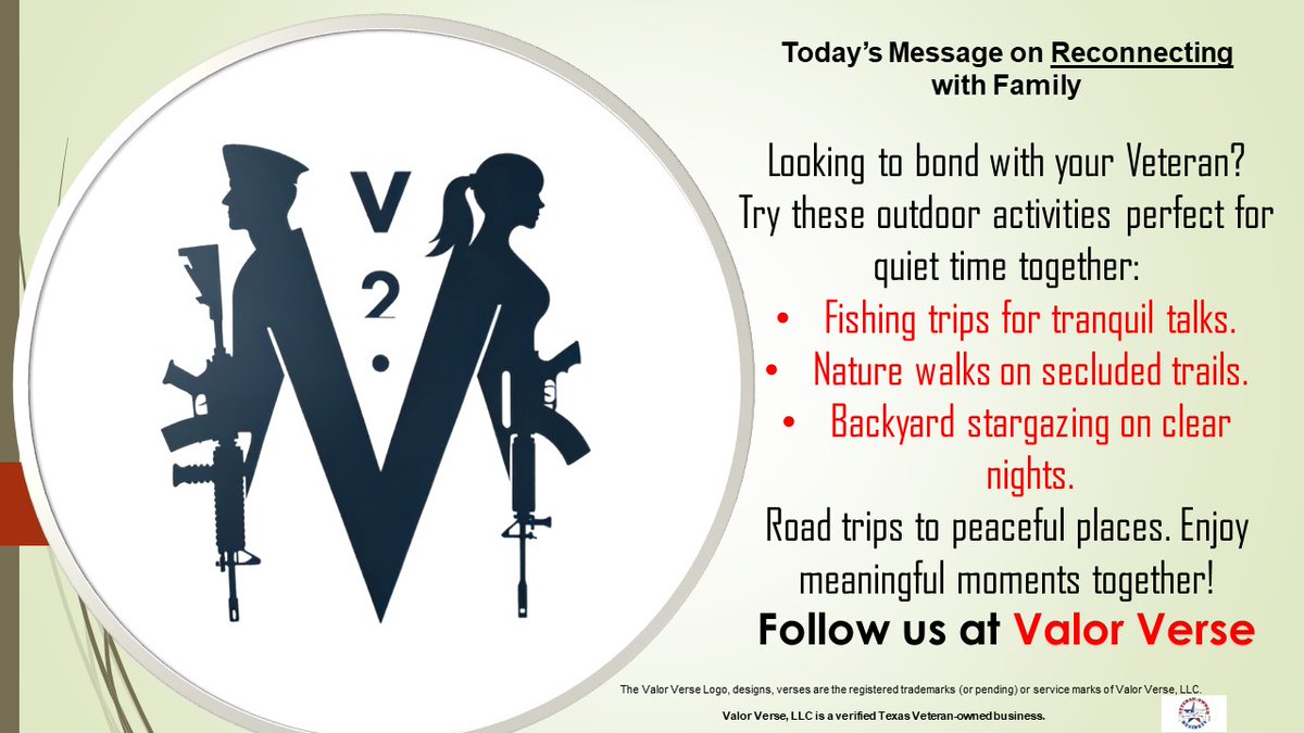 Reconnect with your Veteran through peaceful outdoor activities. Try fishing, secluded nature walks, stargazing, or quiet road trips. Enjoy these moments together!  #veteran #reconnect #ptsd #ptsdrecovery #ptsdawareness #mentalhealth #family #faith #love valorverse76.com