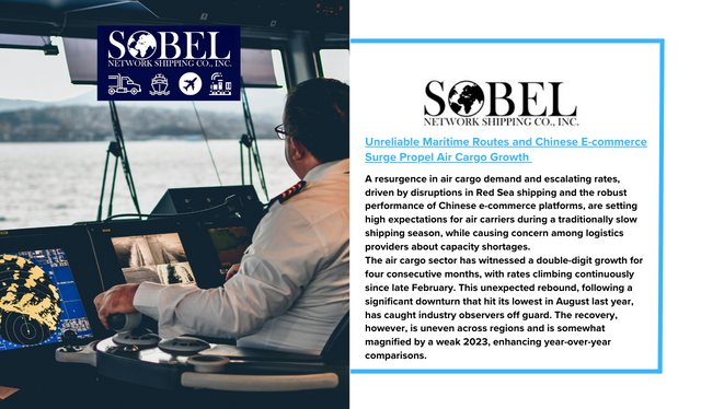 Follow & Visit Us sobelnet.com

Unreliable Maritime Routes and Chinese E-commerce Surge Propel Air Cargo Growth

#AirCargo #Logistics #ECommerce #RedSea #ShippingDelays #ChinaExports #AirFreight #SupplyChain #GlobalTrade #Shein 

sobelnet.com/unreliable-mar…