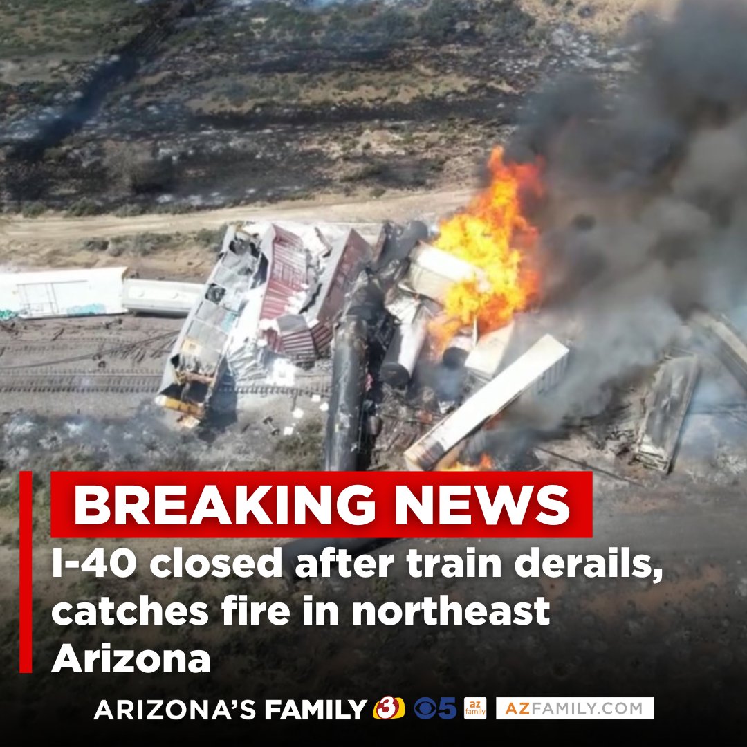 #BREAKING: According to the Apache County Sheriff’s Office, a BNSF train derailed at about 11:45 a.m. just south of I-40 at milepost 357, near the New Mexico border. azfamily.com/2024/04/26/i-4…