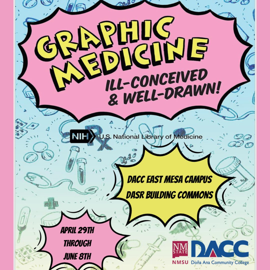 Starting Mon, Apr 29, DACC is exhibiting ‘Graphic Medicine: Ill-Conceived & Well-Drawn!’ at the East Mesa Campus, Student Resources Bldg. Combining comics art with illness narratives, this unique display is open to the public until June 8. #GraphicMedicine #MedicalArt #WeAreDACC