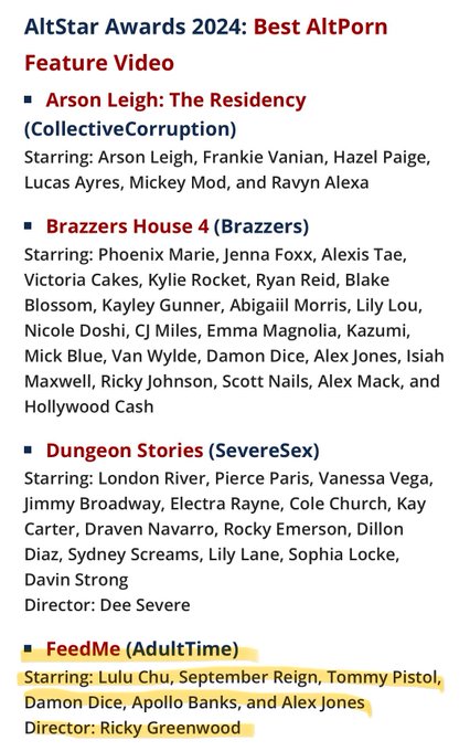 Feed Me was nominated for &ldquo;Best Feature Video&rdquo; at the @AltPornNet awards! Go vote today!  https://t.co/zhwViST0Ou