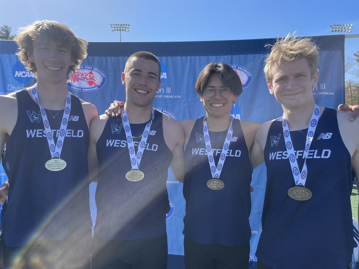 Lorcan Bergeron, Rowan Gottshall, Gordon Johnson and Colin Mahoney claim the men’s 4x800m relay title with a time of 8:45.56. #d3tf #MASCACpride