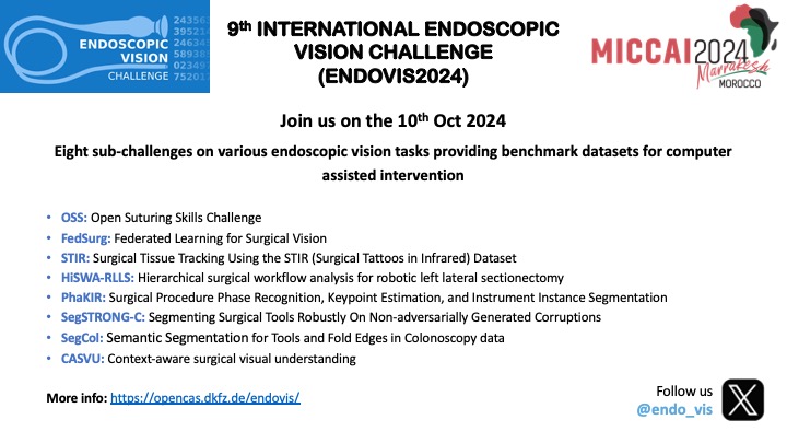 We are back this year with a record number of #Endovis sub-challenges #MICCAI2024 For details👉 endovis.grand-challenge.org @SpeidelStefanie @lena_maierhein @DanStoyanov @annika_re @SophiaBano @s_bodenstedt @IntuitiveSurg @ImFusionGmbH @nvidia @WEISS_UCL @ReMIC_OTH