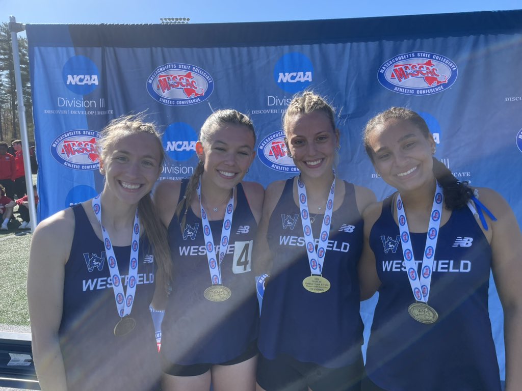 Paige Moroney, Eliza Lee, Savannah Campbell and Anjalina Lubarsky of @westfieldowls win the women’s 4x400m relay in a time of 4:26.98. #d3tf #MASCACpride