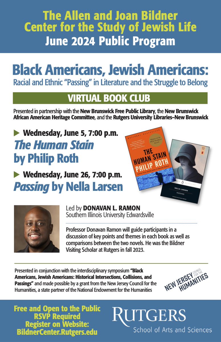 ⏱ You've got a little over a month to read (or re-read) 𝑇ℎ𝑒 𝐻𝑢𝑚𝑎𝑛 𝑆𝑡𝑎𝑖𝑛 by Philip Roth &amp; 𝑃𝑎𝑠𝑠𝑖𝑛𝑔 by Nella Larsen in time for the Black Americans, Jewish Americans Book Club hosted by the Allen and Joan Bildner Center for the Study of Jewish Life at <a href="/RutgersU/">Rutgers University</a>!
