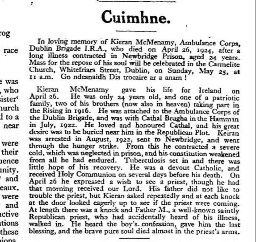 Remembering Lieutenant Kieran McMenamy, F Company, 1st Battalion, Dublin Brigade Óglaigh na hÉireann on his centenary. From Armagh, he tended to Cathal Brugha as he lay wounded. He died as a result of his time held in Newbridge POW camp.