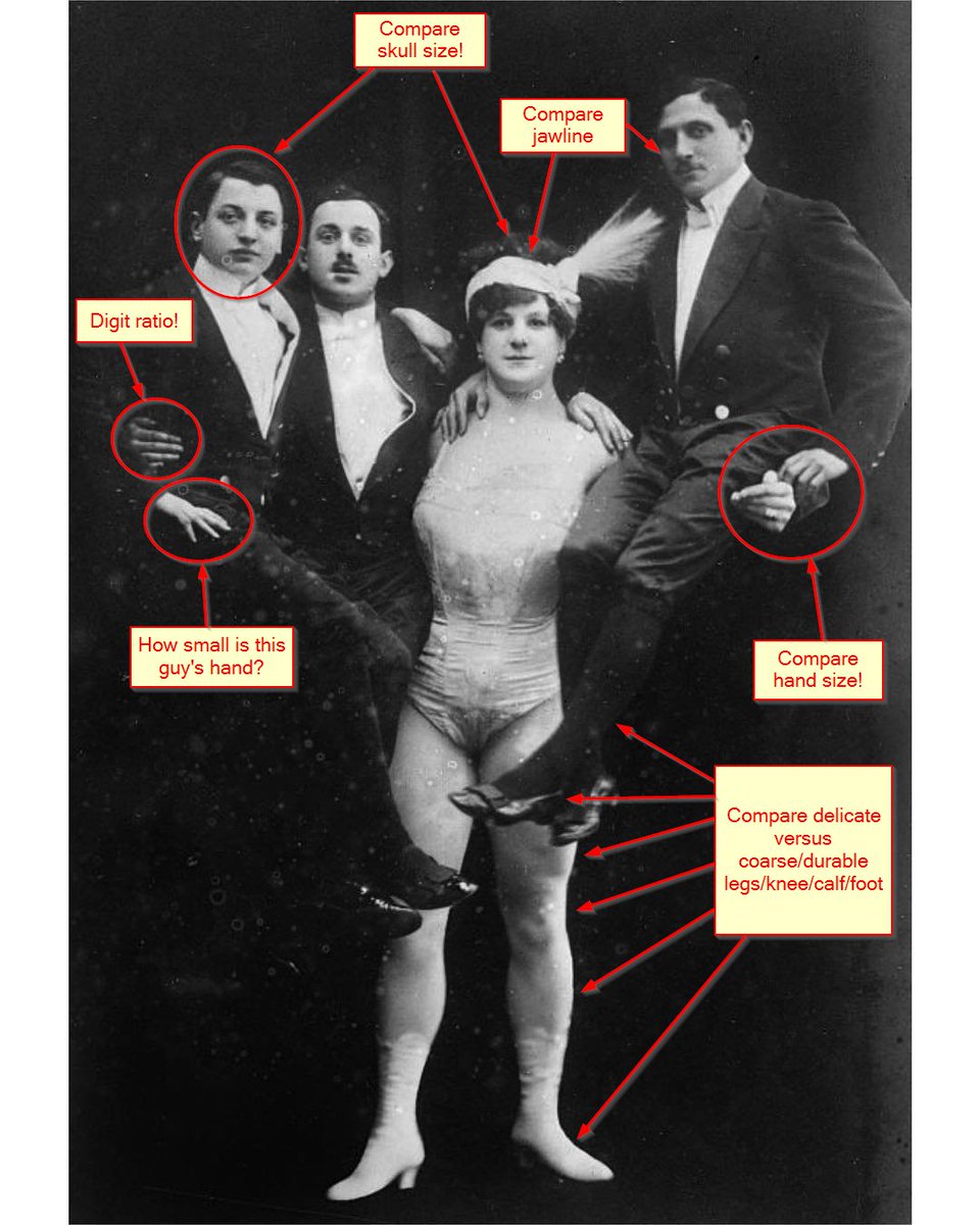 Tainted history! We are told "Circus strongwoman Katie Sandwina aka the Lady Hercules holding up three men Early 1900s". Come on! Lady's skull is bigger than all those "men" plus those thick knees. My goodness! #EGI