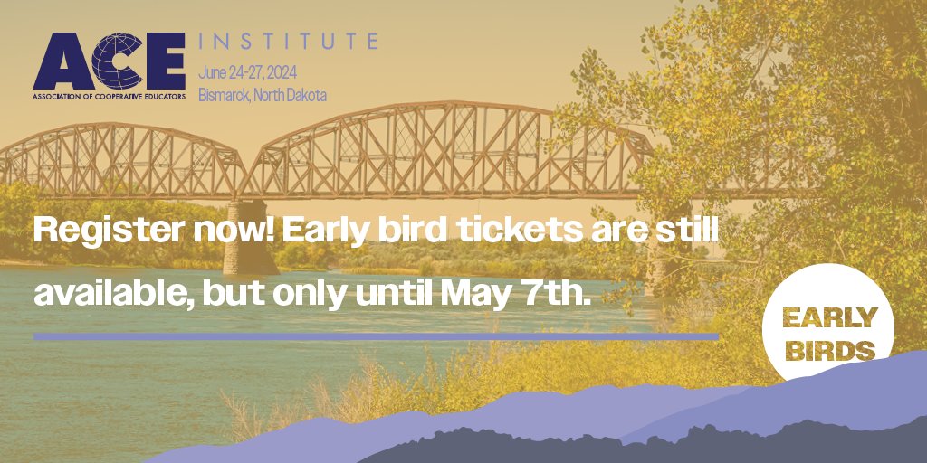 ACEeducators's tweet image. Great news! You now have until May 7th to grab your early bird tickets for #ACEInstitute2024 in Bismarck, ND! Stay tuned for updates &amp;amp; visit ace.coop. 
Interested in sponsorship? Contact info@ace.coop for details. 

#CultivatingCooperation  #BismarckND