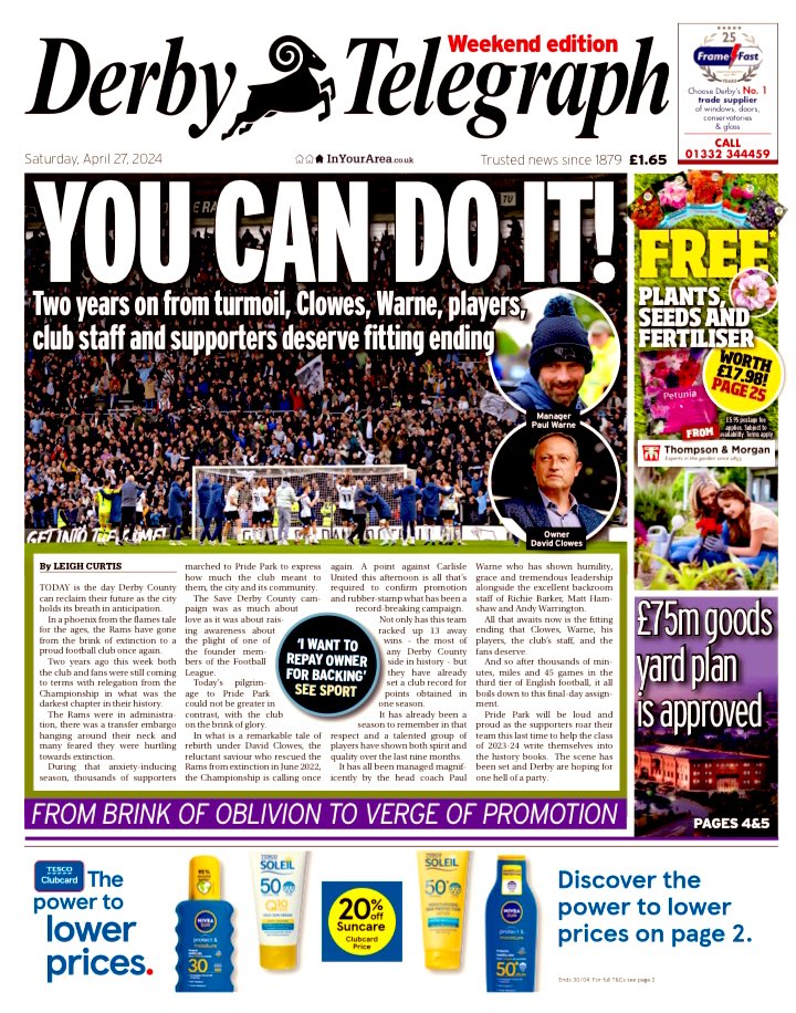 LeighCurtis_DT's tweet photo. Tomorrow’s front page. I don’t think many fans will be sleeping tonight but it will go quick as a flash and you have to savour every last moment.  I hope the owner, head coach, players, the staff and the fans get their dream ending. See you at Pride Park. #dcfc #dcfcfans https://t.co/tPZB5pbwee