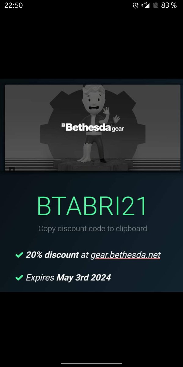 Si vous commandez sur le site gear.bethesda.net, utilisez le code ci dessous pour bénéficier de 20%!
Enjoy.
l'Abri soutient les collectionneurs ! #Bethesda <a href="/Tn13RatedR/">Nico Props</a>