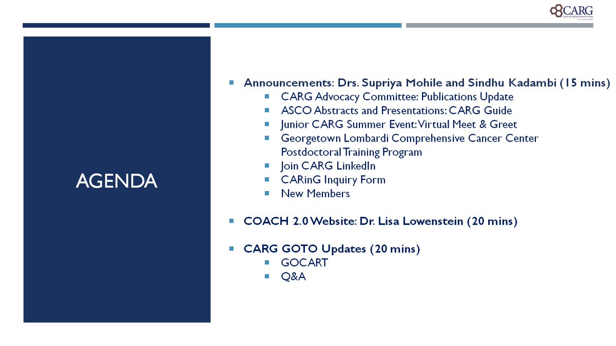 🔉📷 Join us at the upcoming bi-weekly @myCARG meeting! 4/30 at 11am PT/2pm ET Co-leads: Drs. @rochgerionc and @kgsindhu *Agenda* -Announcements -COACH 2.0 Website with Dr. @LMLowensteinPhD -#CARGGOTO Updates: GOCART