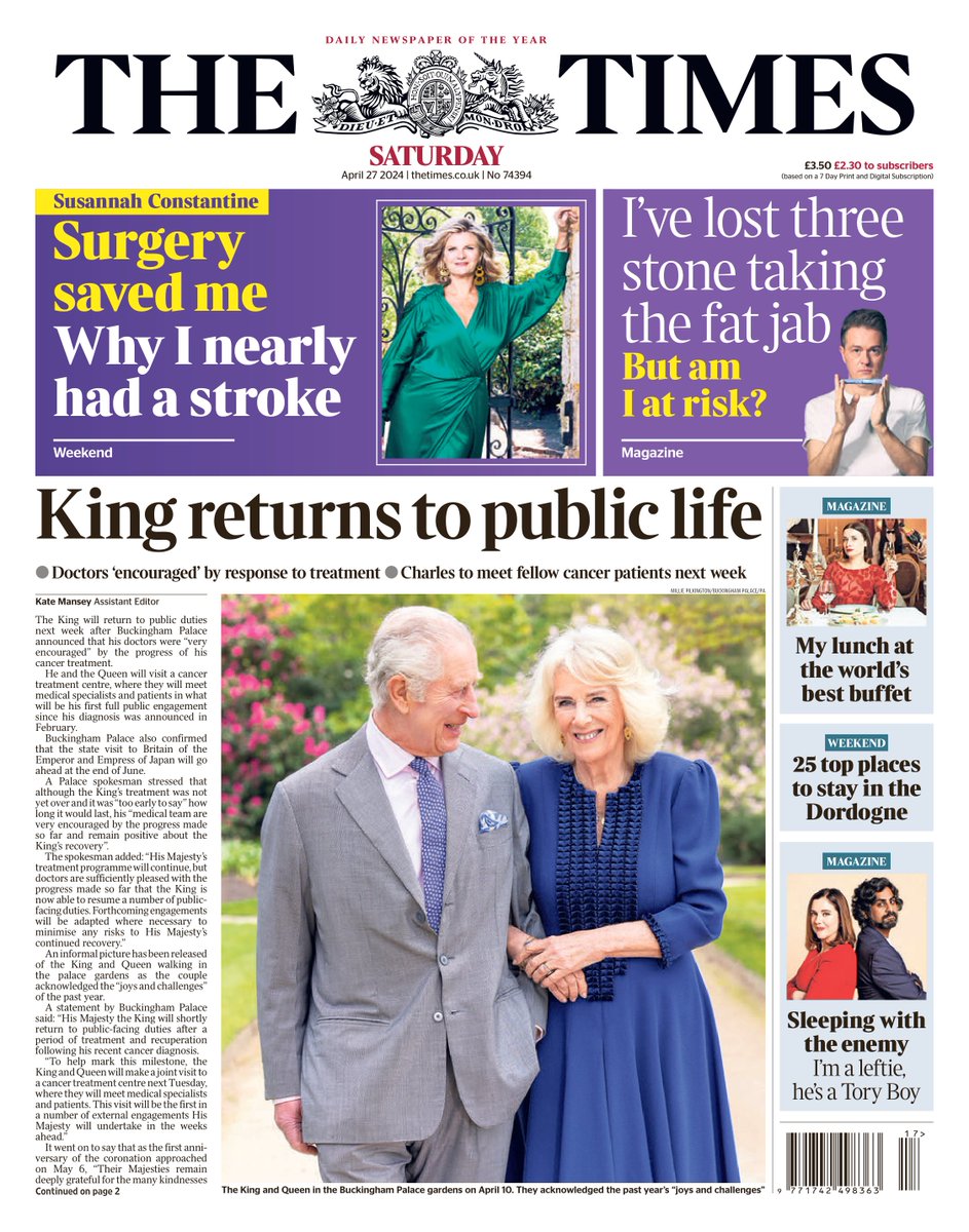 Saturday's TIMES: King returns to public life
#TomorrowsPapersToday