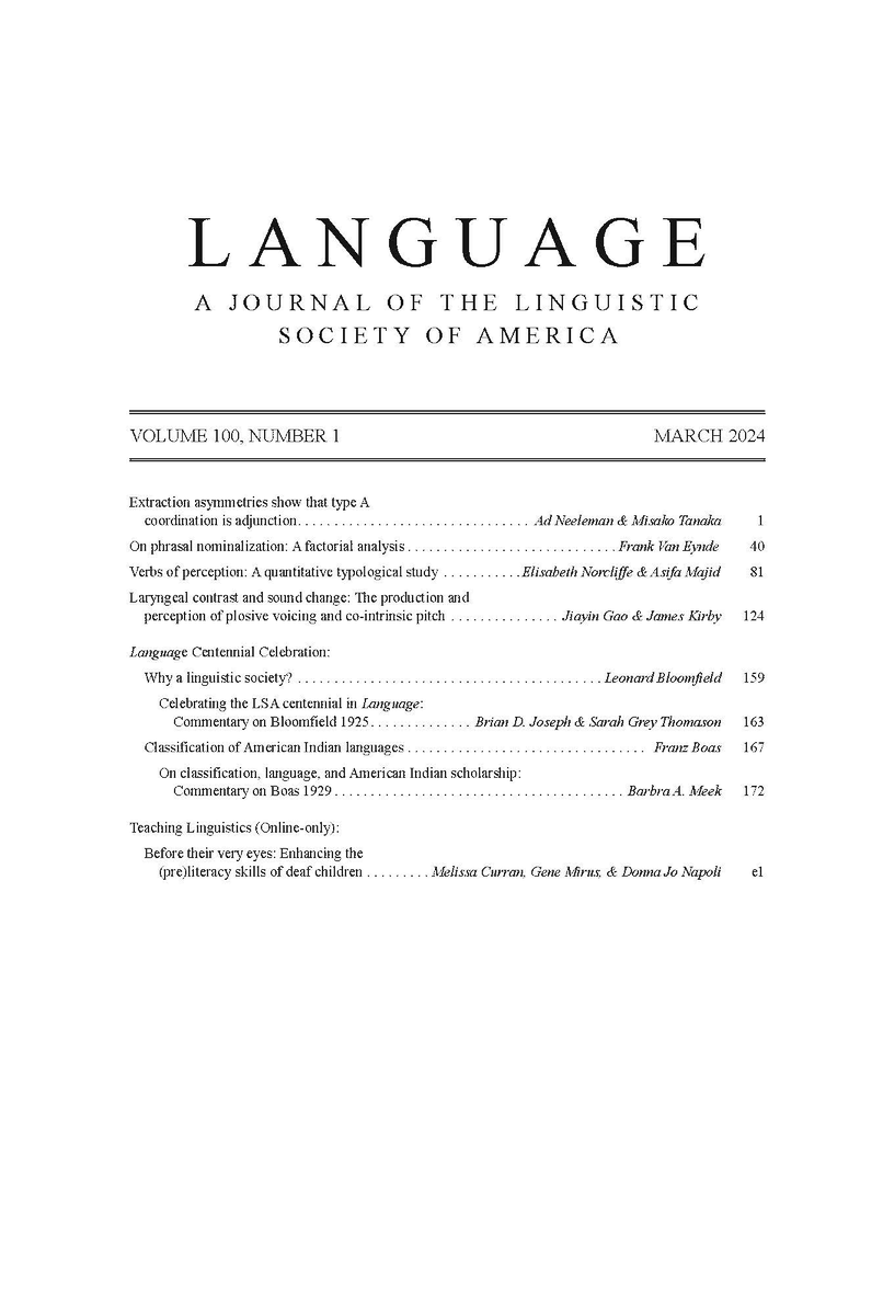 We are happy to share that a new, special issue of Language is out, the first of our 100th volume! As well as the usual slate of articles, it includes the first of an 8-part celebratation of Language's Centennial! muse.jhu.edu/journal/112 More details soon, and happy reading!