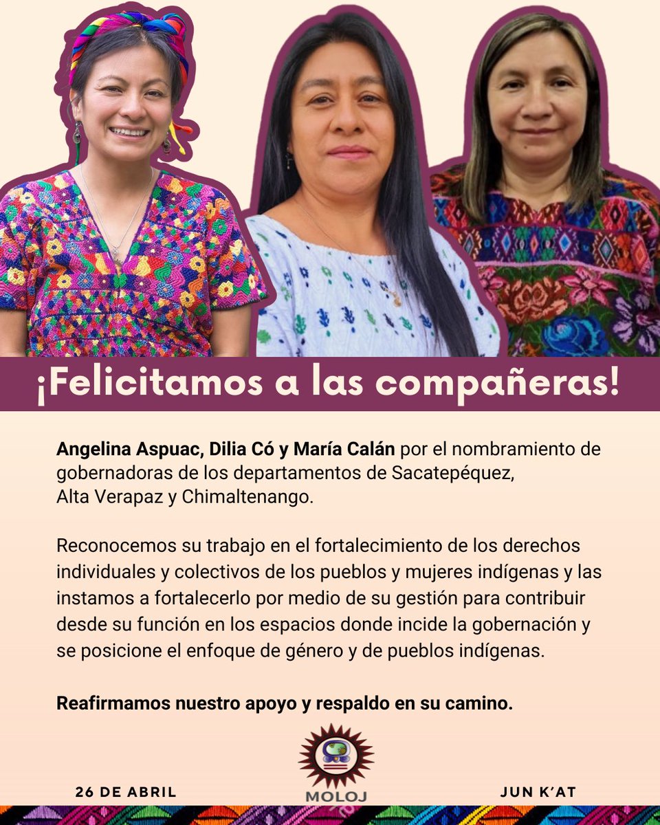 📣🥳 Felicitamos a las compañeras mayas designadas  gobernadoras departamentales.👩🏻

✊🏼Reconocemos su trabajo y la participación que han tenido en los espacios de incidencia de sus comunidades y territorios.🔥

#mujeresindigenas #Gobernadora #participaciónpolíticadelasmujeres