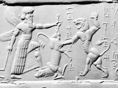 Geç Babil Dönemi başlarına ait silindir mühürlerde sıklıkla görülen kanatlı kahraman bir hayvan ya da canavara saldırırken tasvir edilmiş. Pierpont Morgan Kütüphanesi/New York