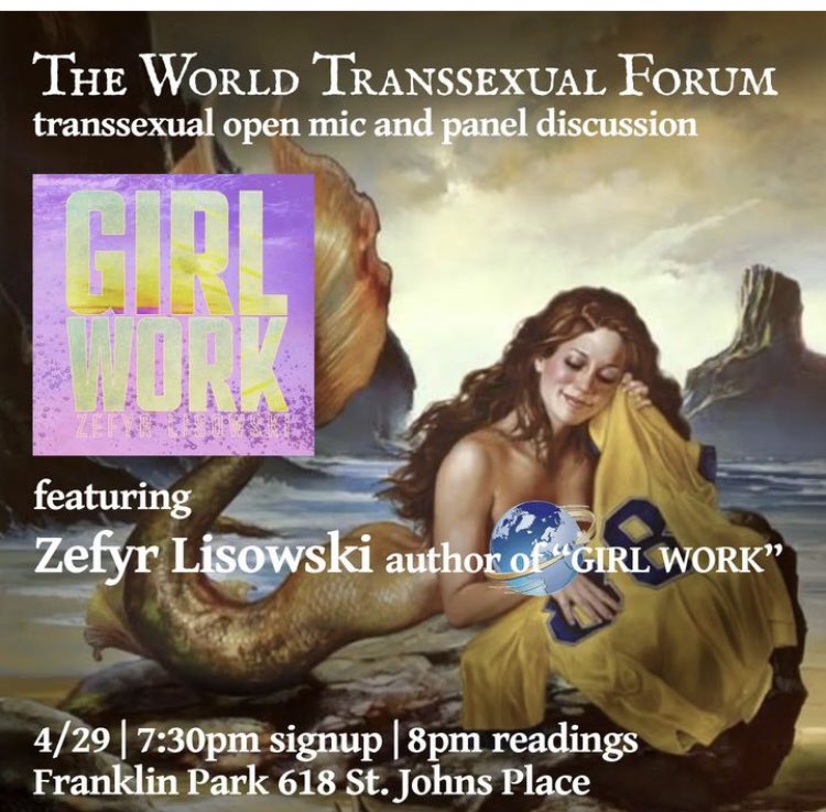 MONDAY: Join us for another exciting edition of @WorldTransForum, our monthly open mic for trans and GNC writers, along with a discussion panel featuring essayist and poet Zefyr Lisowski! Hosted by @xerxesverdammt @TruckLesbian. Sign-up at 7:30, program at 8. #crownheights #free