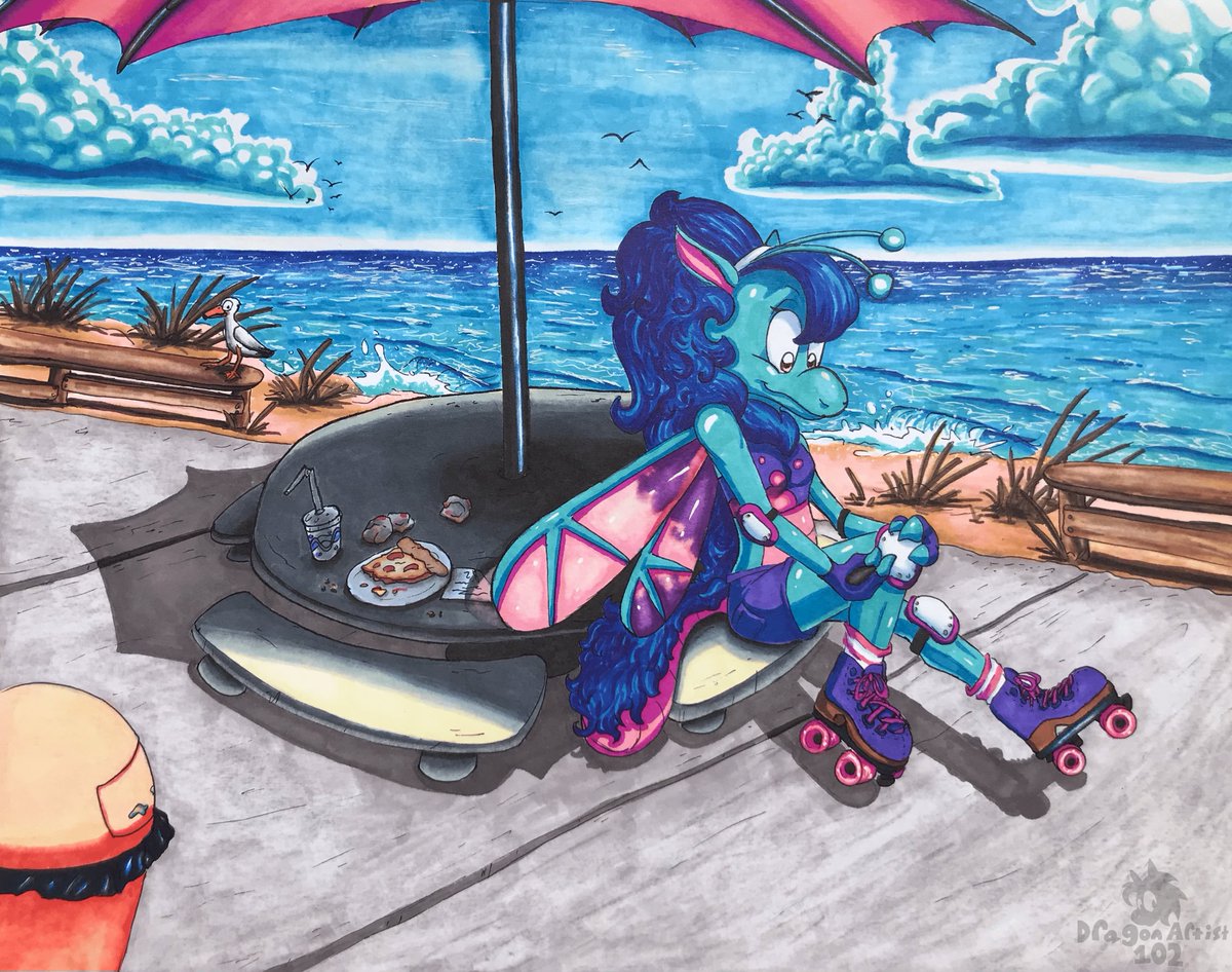 Got some fresh art out for this month! I've been in a summery, roller skating mood lately. Canon-wise, Bubblebath here loves summer and roller skating. I figured she deserved a full marker drawing since I've yet to make a big piece with my Prismacolor markers otherwise. Enjoy!💙
