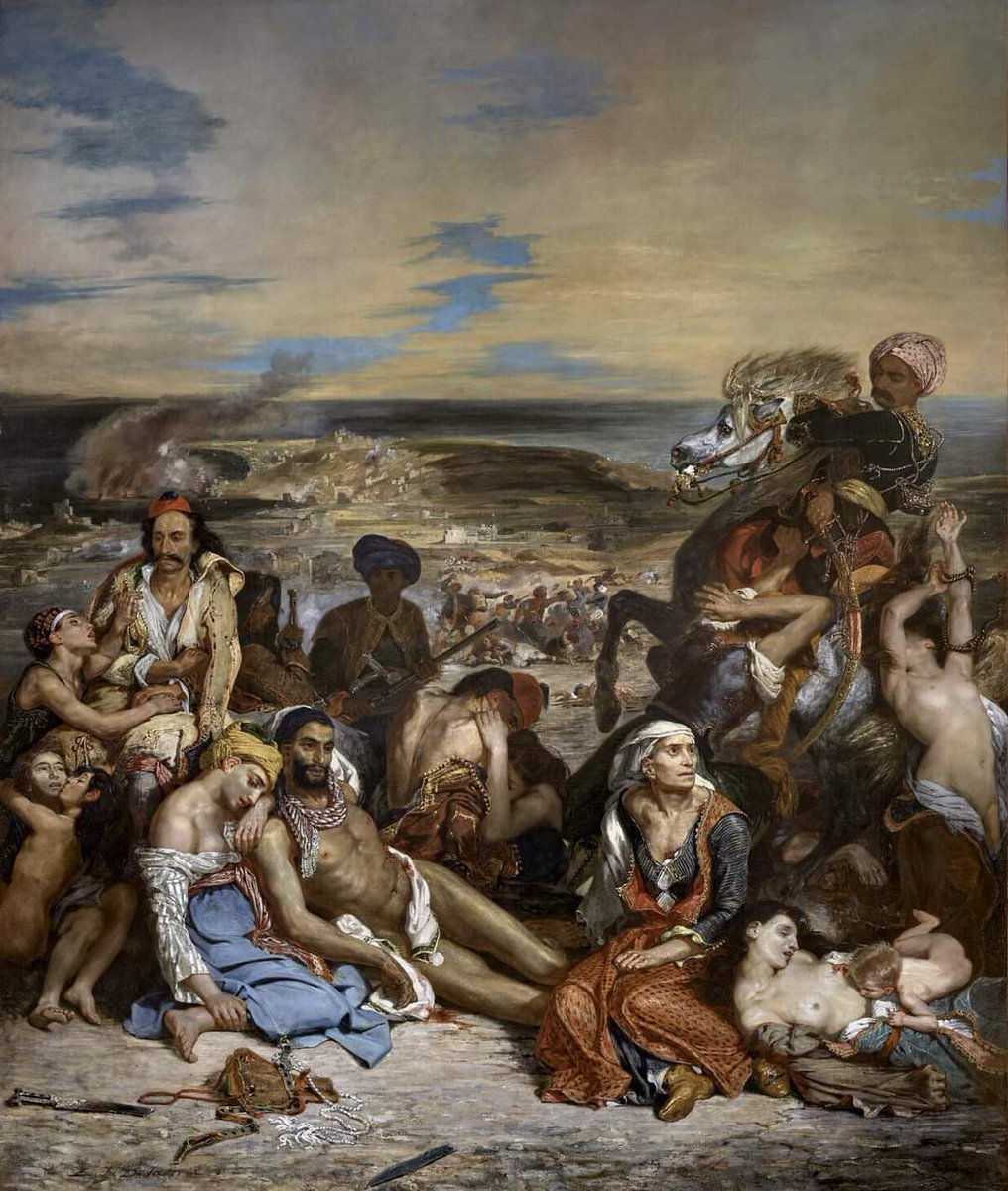 Eugène Delacroix. 26 de abril de 1798-13 de agosto de 1863. Artista romántico francés considerado desde el comienzo de su carrera como el líder de la escuela romántica francesa. La matanza de Chios, 1824. Museo Louvre .