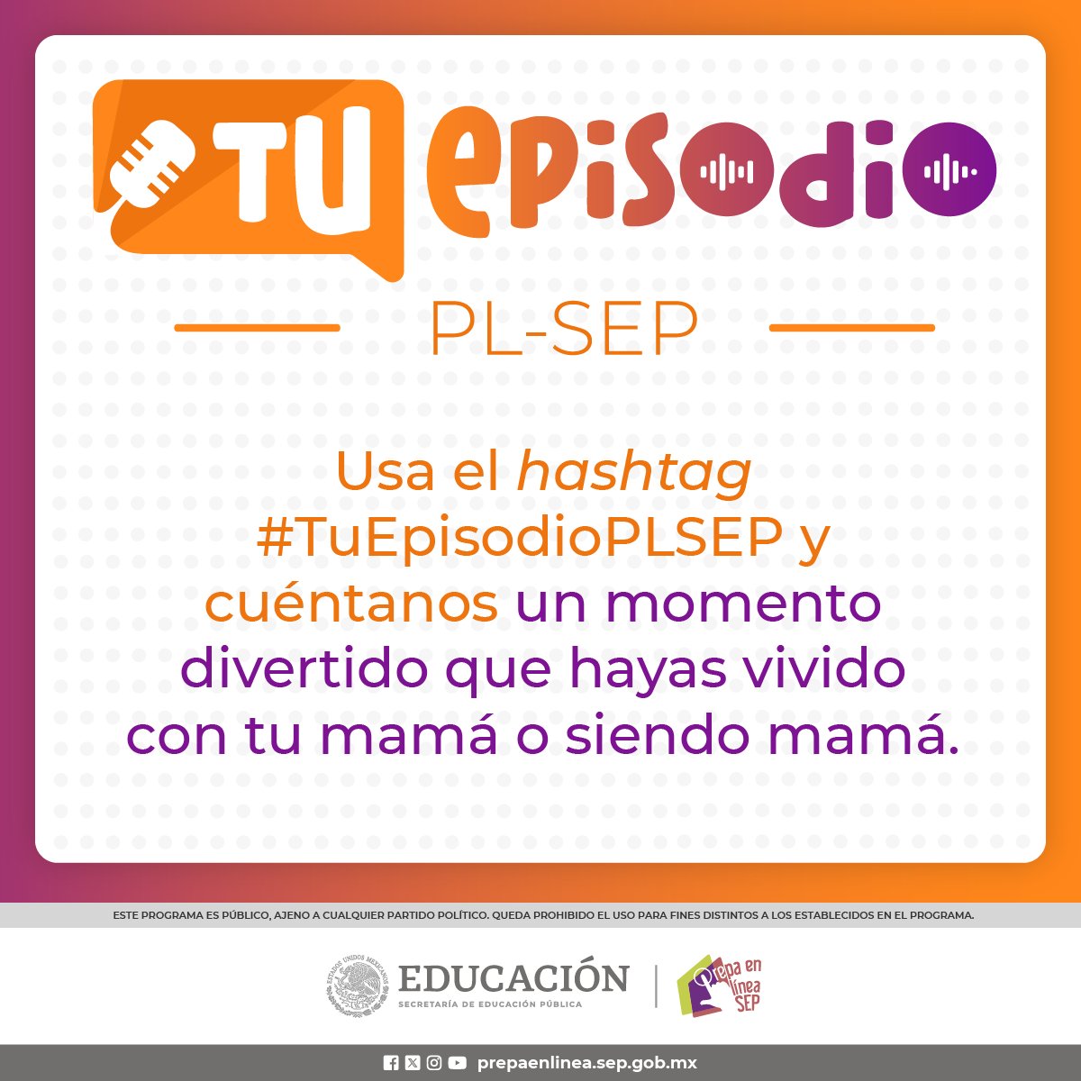 ¿Tienes anécdotas especiales del Día de la Madre? ¿Quieres compartirlas?
Compártenos tu historia en comentarios junto con el hashtag #TuEpisodioPLSEP.

Y si te gusta estudiar con música, escucha nuestro último episodio. 👇
open.spotify.com/episode/5D0z1O…

#PrepaEnLíneaSEP #VaContigo