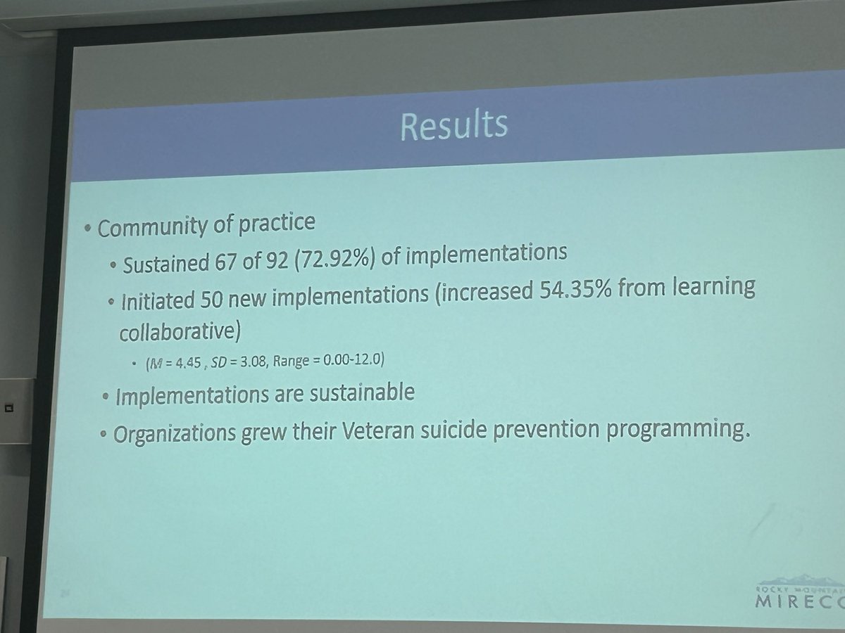 @BryannDeBeer presented follow up metrics on her Veteran suicide prevention learning collaborative. Community organizations continued to grow their Veteran suicide prevention implementations after the intensive support period. @CUPhysMed @RMIRECC