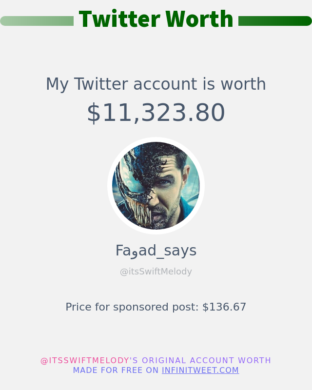 My Twitter worth is: $11,323.80

➡️ infinitytweet.me/account-worth
