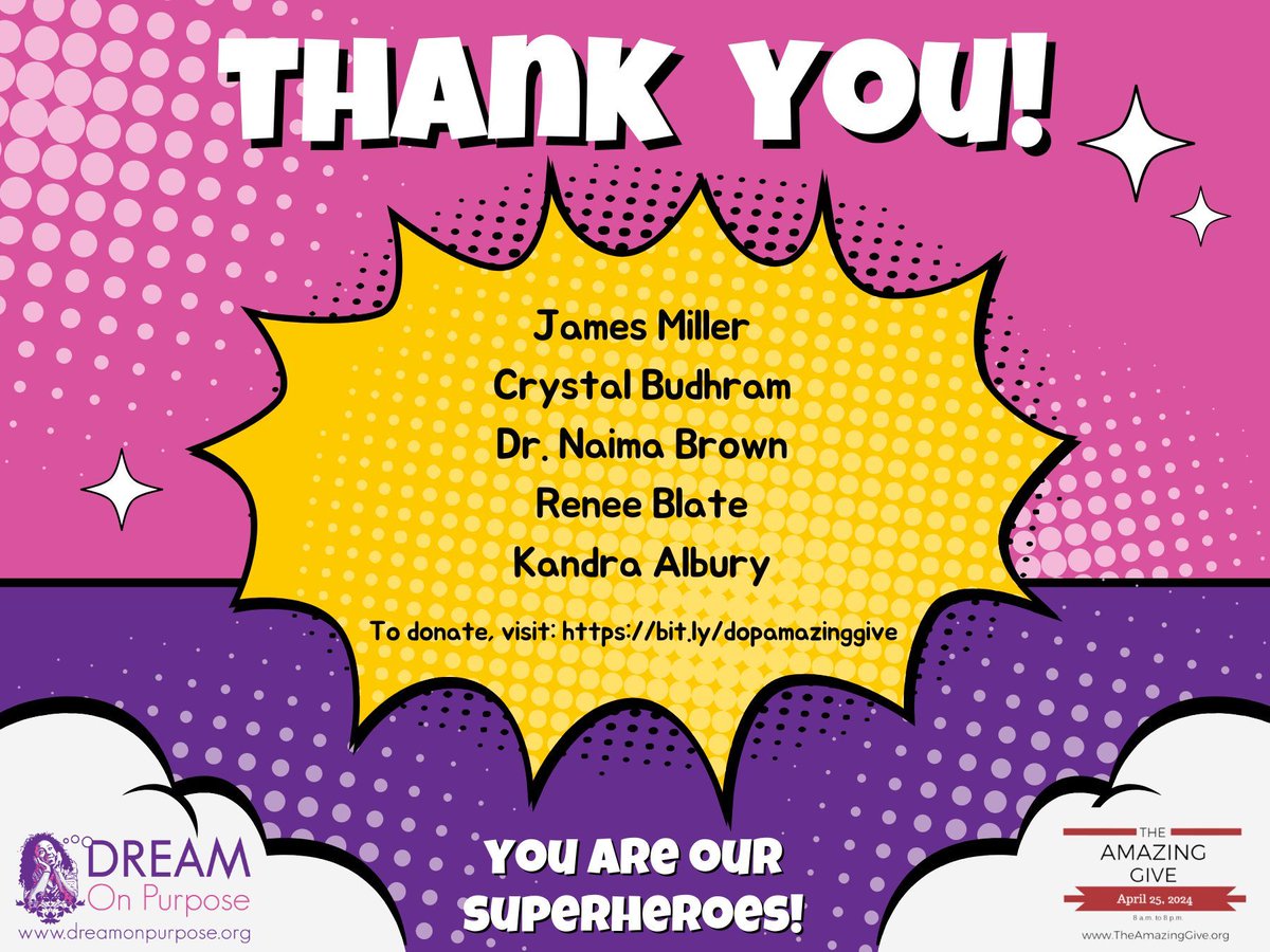 Thank you to our donors for supporting Dream on Purpose during the Amazing Give! You are our SUPERHEROES! #Dr3am_Purpose #TheAmazingGive #WhyIGiveGNV