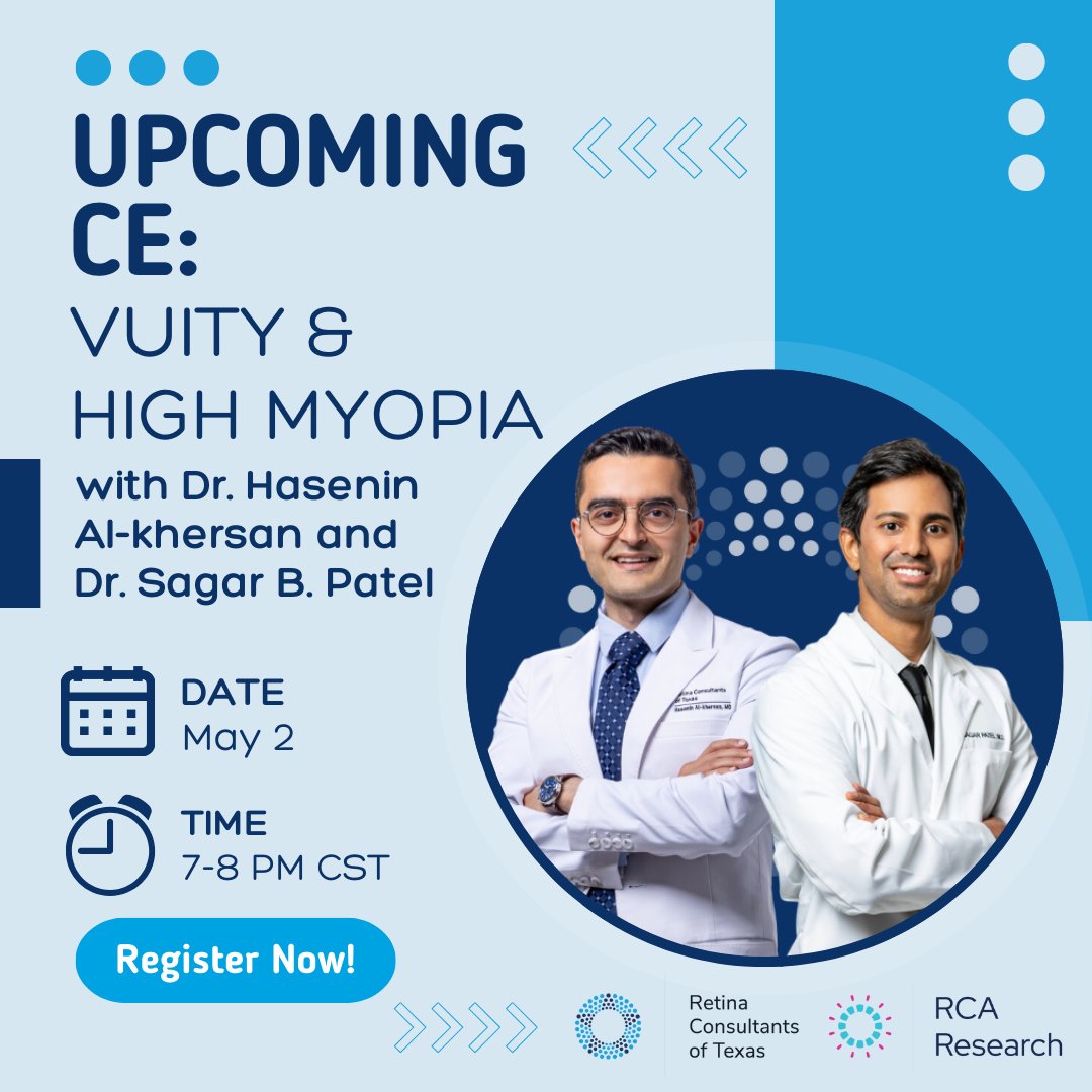 Calling all Optometrists! Register for our upcoming CE with Dr. Hasenin Al-khersan and Dr. Sagar B. Patel. They will be presenting on the effects of Vuity and High Myopia cases on May 2nd at 7-8 pm. 

Register here: brnw.ch/21wJdZq