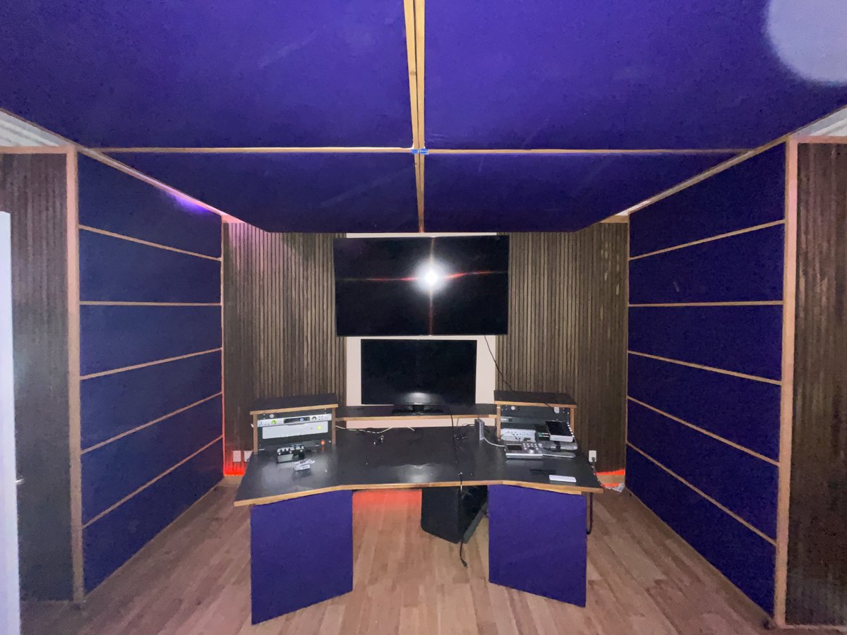 Recording Studio With Our Clients 66” x 46” Clouds & Our 2’ x 4’s with his added wood frames for Echo Reduction & Sound Balancing! #basstraps #acousticpanels #basstrap #soundpanels #studio #homerecordingstudio