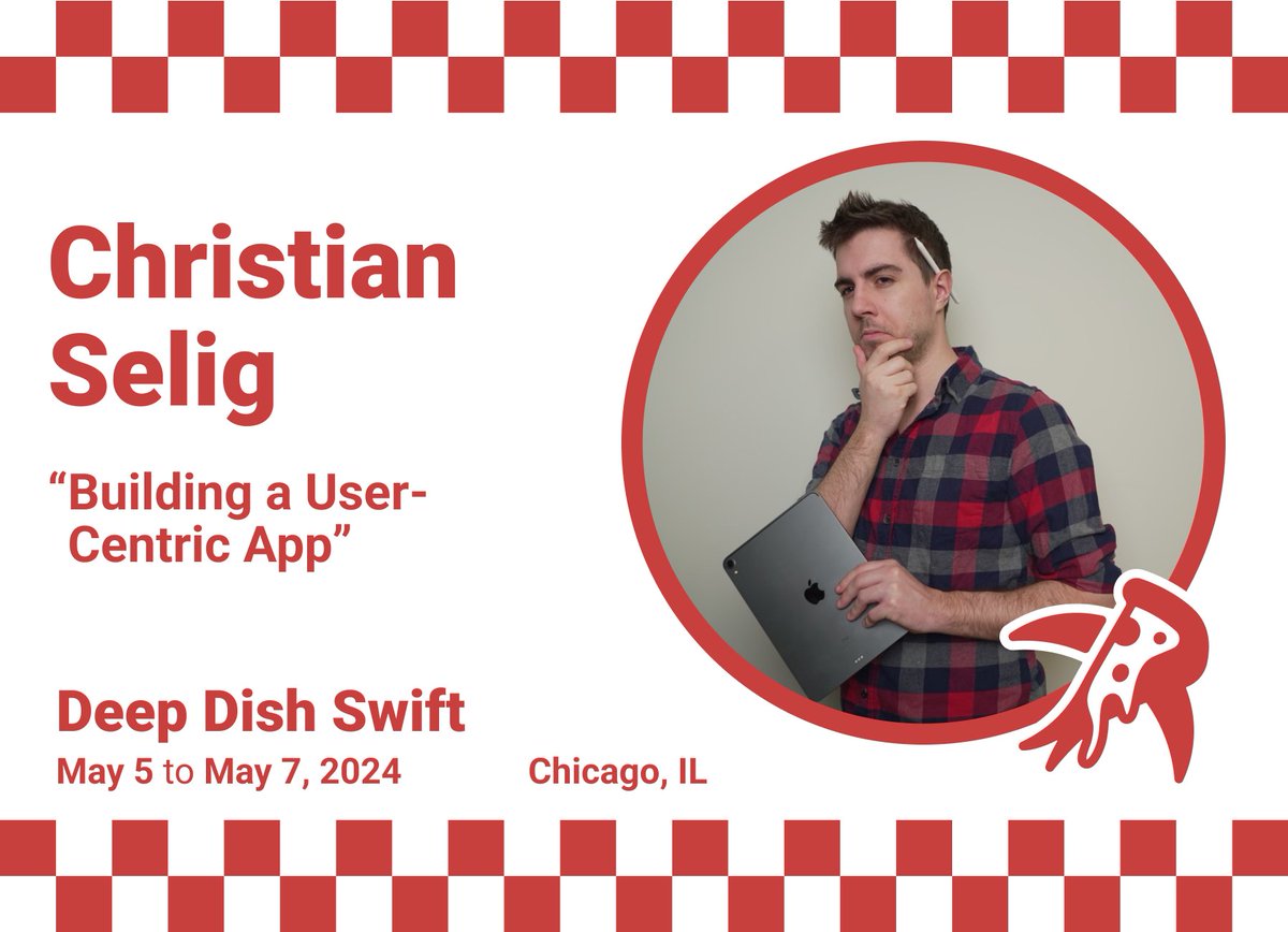 🍕 Speaker Session Info 'Building a User-Centric App' with @ChristianSelig When: May 6th at 1:00pm Learn how to effectively build your app in a way that let's you leverage a community to make the experience of developing an app better for your customers… and better for you 💪