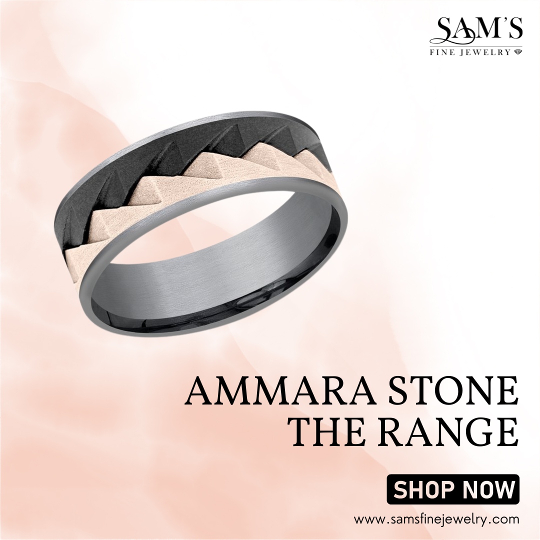 Introducing the Ammara Stone The Range - a symphony of gray tantalum, black titanium, and 14K rose gold. Discover the bold sawtooth pattern and comfort fit that redefine elegance. 

#samsfinejewelry #bridaljewelry #diamonds #jewelry