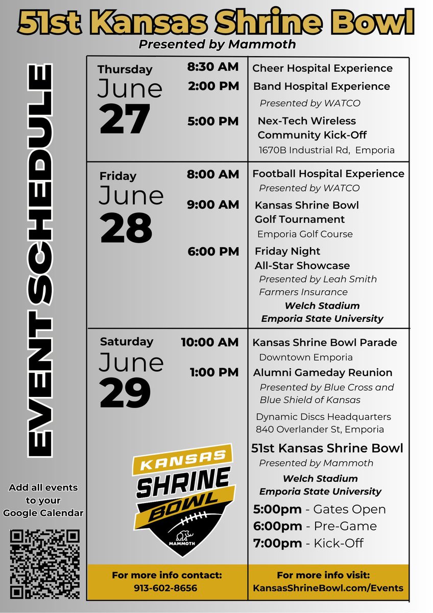 Plan your weekend out for the Kansas Shrine Bowl festivities June 27th-29th in Emporia. Visit buff.ly/3duQGhB to see a full list of activities and purchase your tickets!