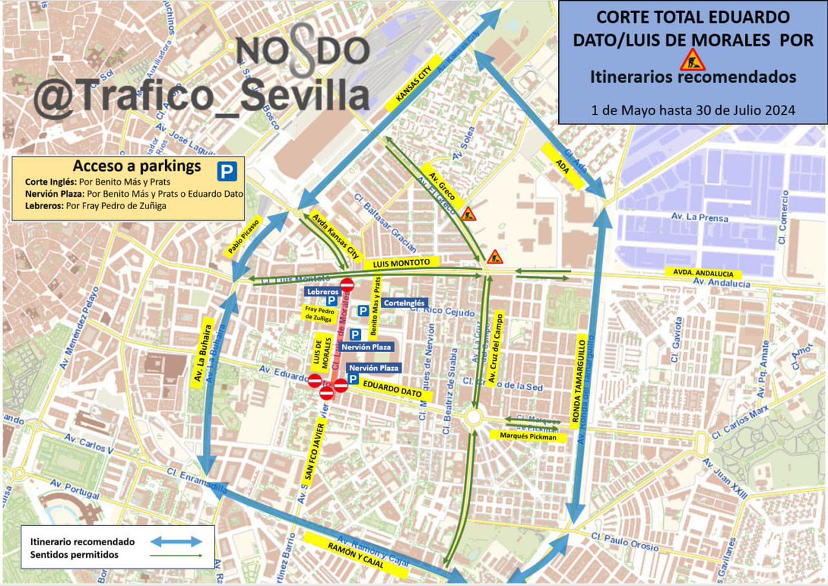 🗓️ Del 1 de mayo al 15 de septiembre efectuaremos las obras 🚧 de la nueva fase del corredor verde. 👉🏼 La c/ Luis de Morales quedará cortada al tráfico durante este tiempo. 👉🏼 La Av. Eduardo Dato en su confluencia con Av. San Francisco Javier estará cortada durante tres meses.