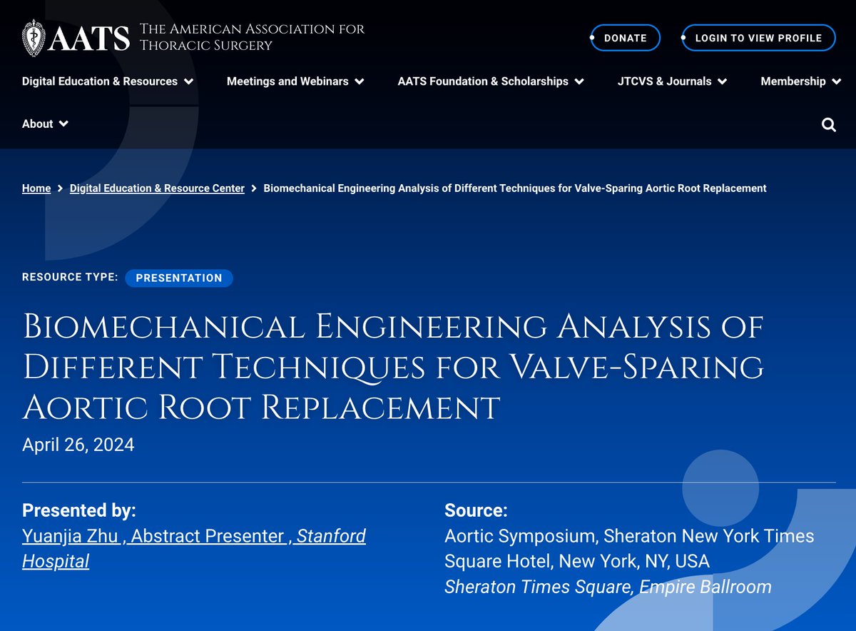 #Aortic2024 @StanfordCTSurg Dr. @YuanjiaZhu's presentation was on the biomechanical engineering analysis of different techniques for valve-sparing aortic root replacement. #AATS2024 @AATSHQ Learn more at: ow.ly/zIt750RpyRS