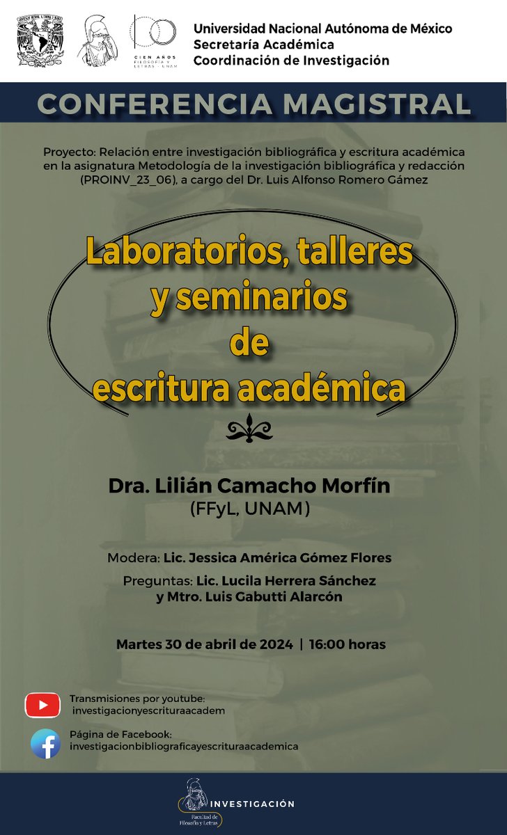 #ConferenciaMagistral Laboratorios, talleres y seminarios de escritura académica 📆Martes 30 de abril/ 16:00 H 🎥#Transmisión por youtube: youtube.com/@investigacion…