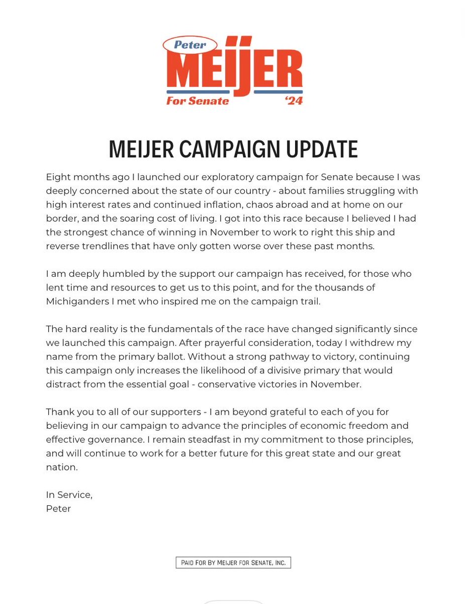 ⁦.@RepMeijer⁩ statement on leaving the Senate race #MISen