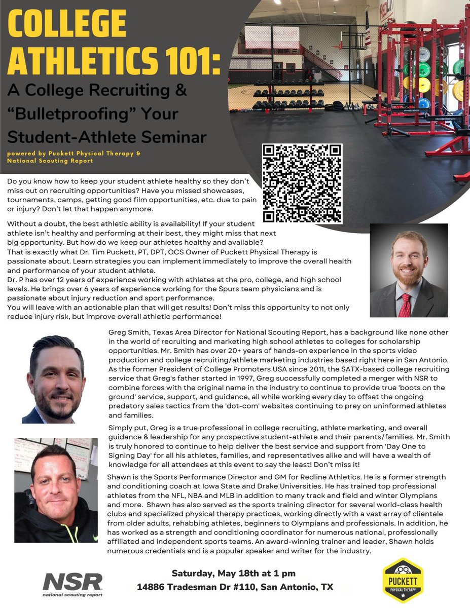 🤔 Do you need help in your recruiting process? Do you have questions on maximizing your athleticism and overall health & performance? 👉 Join us for a FREE 'College Athletics 101' seminar & learn more from our professional panel of speakers! CLICK LINK BELOW TO REGISTER NOW