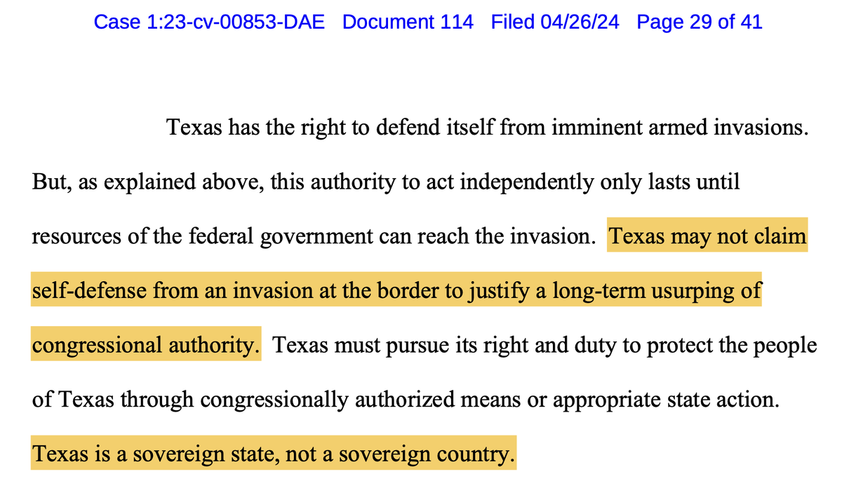Breaking: 'Texas is a sovereign state, not a sovereign country,' U.S. District Judge David Alan Ezra declares in rejecting Texas's motion to dismiss the US's lawsuit against the state based on the buoy barrier it is trying to establish in the Rio Grande. storage.courtlistener.com/recap/gov.usco…