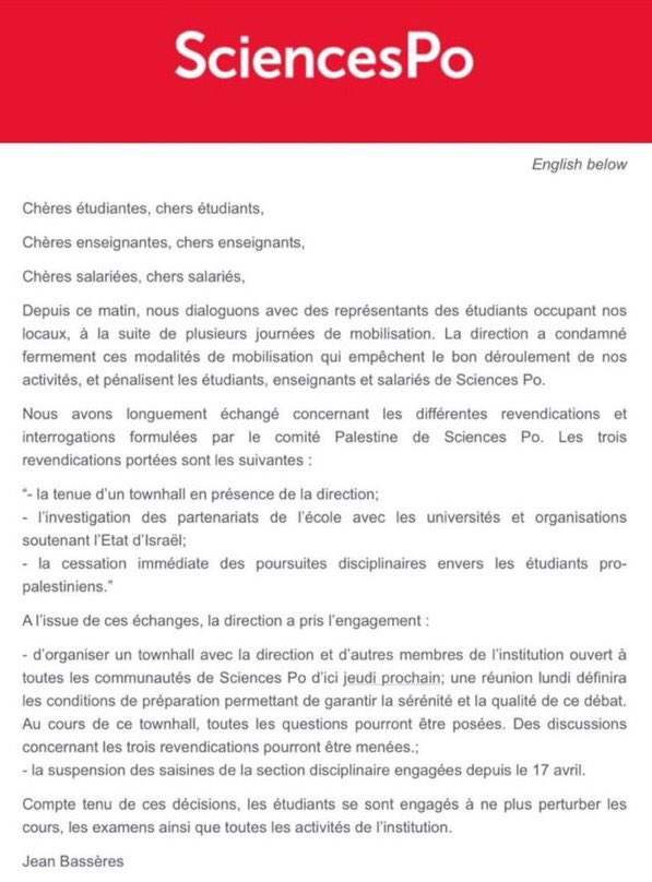 Ce communiqué est une capitulation. La direction provisoire de Sciences Po accepte notamment de discuter, avec les activistes pro-Hamas, des partenariats avec les universités d’Israël ! Qu’attend le gouvernement pour faire cesser ces errements ?