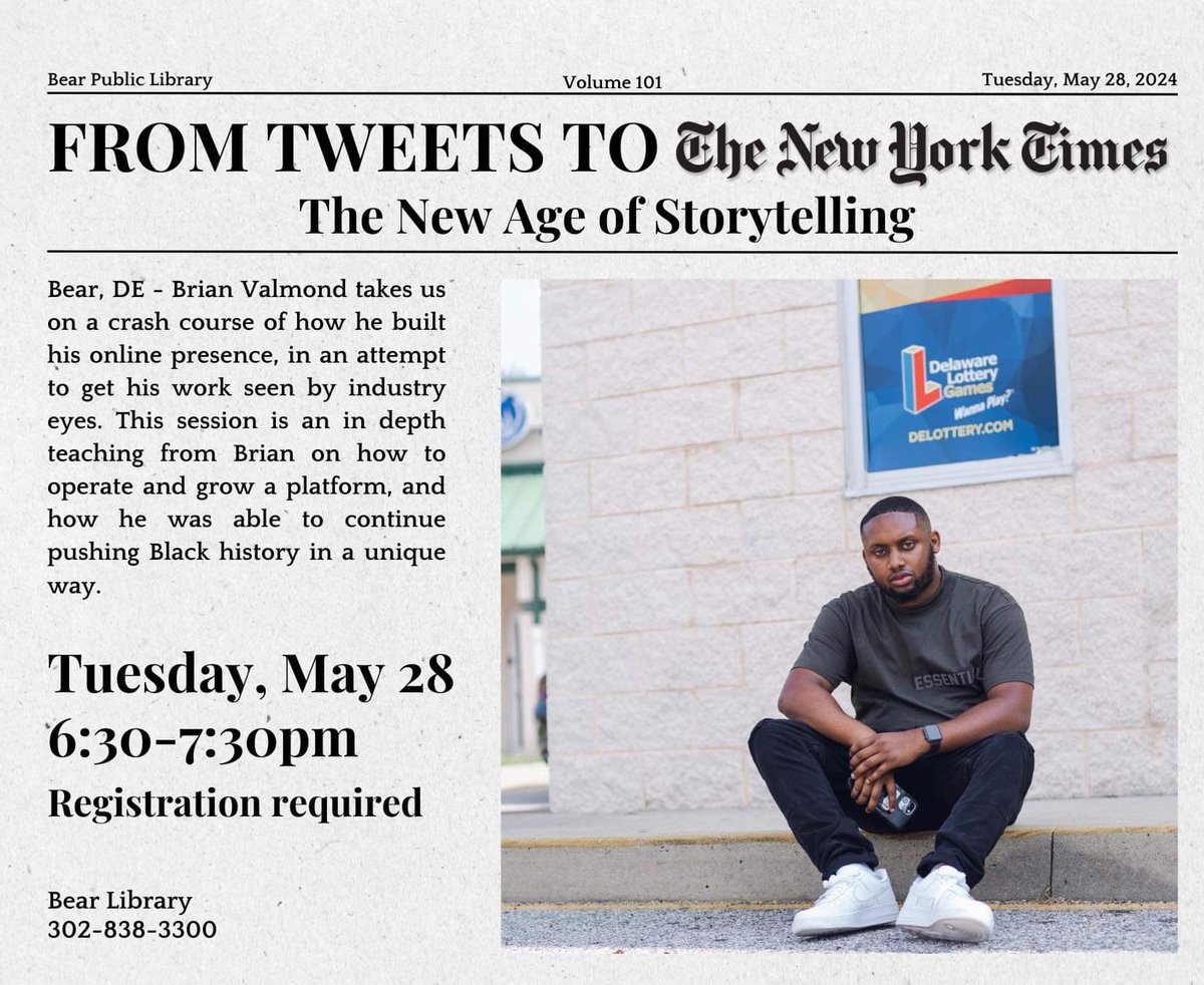 For my Delaware folks, I’ll be speaking at the Bear Library on May 28th to give a crash course on how to build a fruitful Social Media platform, and the importance of a digital footprint, amongst other things. Meet me there. 70 slots available! LINK: delawarelibraries.libcal.com/event/12369104…