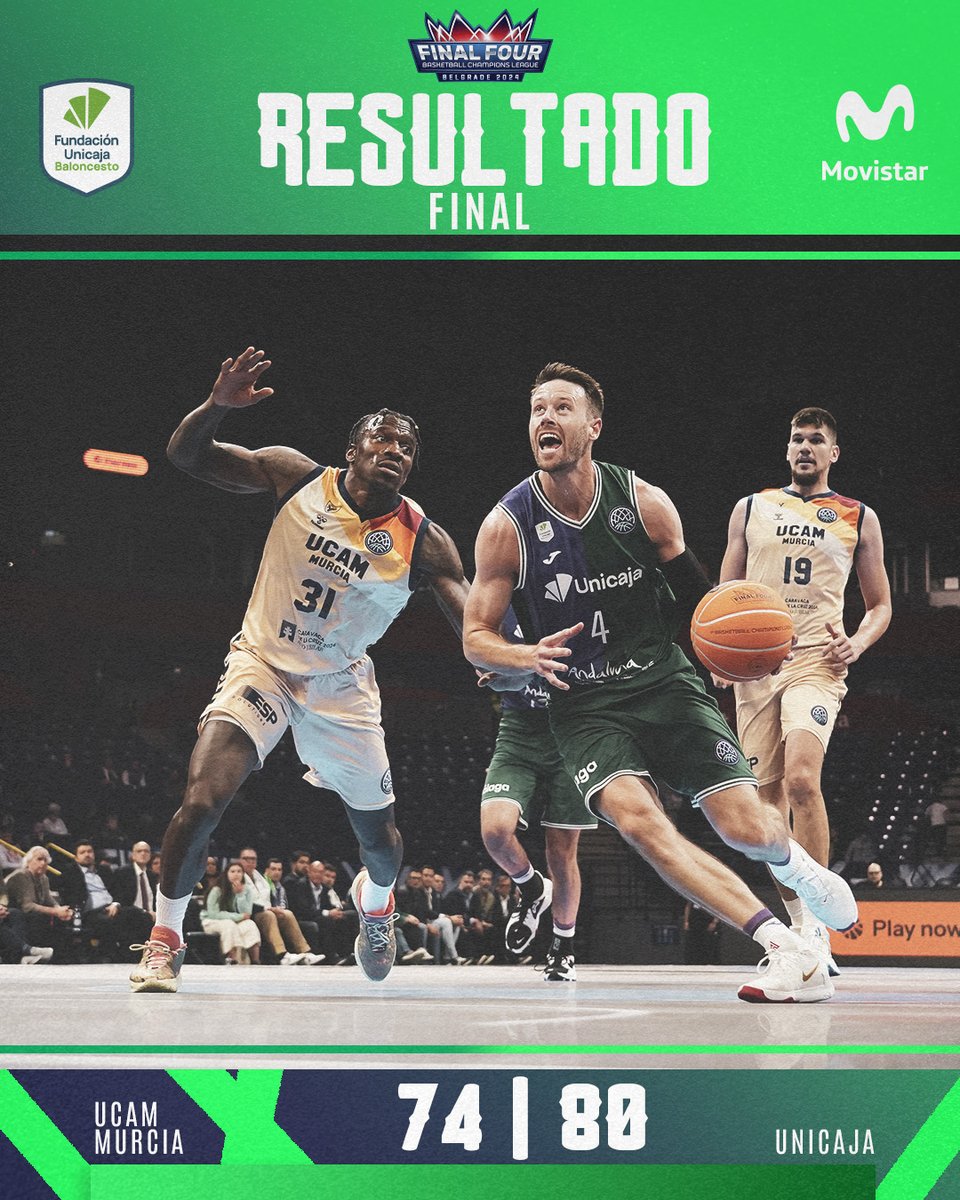 UnicajaCB (@unicajacb) on Twitter photo 🚨 FINAL. ¡¡¡LUCHAREMOS POR EL TÍTULO!!! 74-80
🏆 Semifinales #FinalFour <a href="/BasketballCL/">Basketball Champions League</a>
🆚 <a href="/UCAMMurcia/">UCAM Murcia</a>
💚💜 #UnicajaLive #BasketballCL #BecomeLegendary <a href="/movistar_es/">Movistar España</a> 🚨 FINAL. ¡¡¡LUCHAREMOS POR EL TÍTULO!!! 74-80
🏆 Semifinales #FinalFour <a href="/BasketballCL/">Basketball Champions League</a>
🆚 <a href="/UCAMMurcia/">UCAM Murcia</a>
💚💜 #UnicajaLive #BasketballCL #BecomeLegendary <a href="/movistar_es/">Movistar España</a>