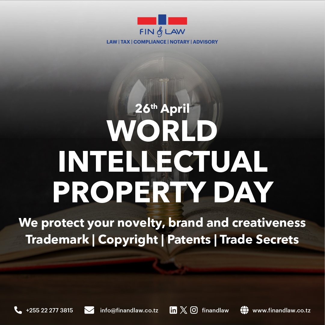 At FIN & LAW we Register, Protect and Safeguard your Intertextual Property locally and internationally be it Trademark, Copyright or Patent. #interlectualprpperty #ip #worldipday #trademark #copyright #patent #brand #logo #law #tax #compliance #notary #advisory #tanzania